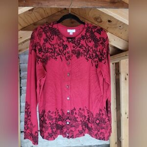 Charter Club Women's Red Floral Paisley Button-Up Cardigan 1X